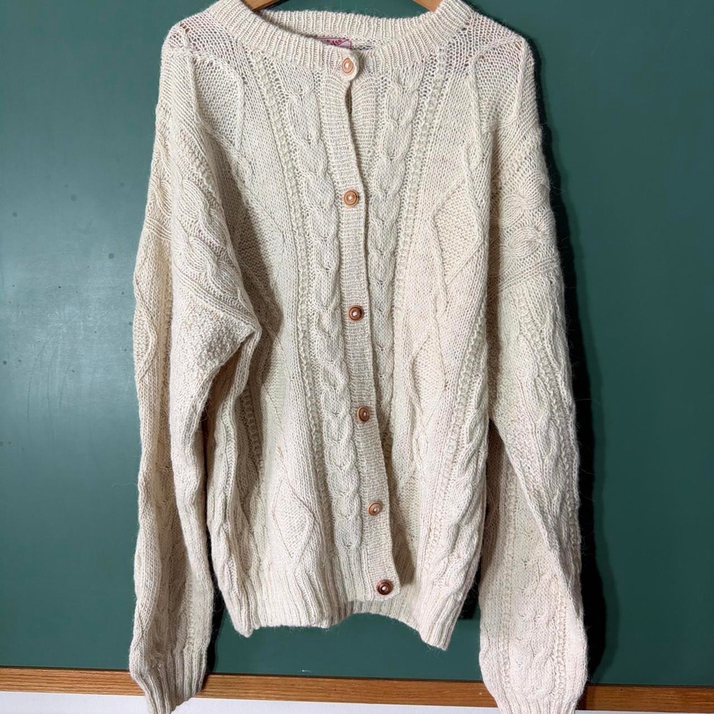 Cotton Salsa Vintage 90s Alpaca Wool Cable Knit Cardigan Cream XL Hand Loomed